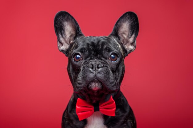 elegant gekleideter französischer Bulldog-Ibow-Kravat gegen einen einfachen, hellen Hintergrund, elegantes Schnabelband-Studio
