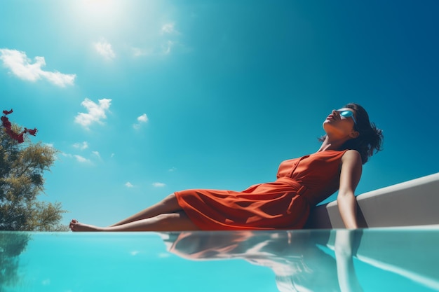Elegant konturierte Frau ruht sich anmutig am wolkenlosen Pool AR 32