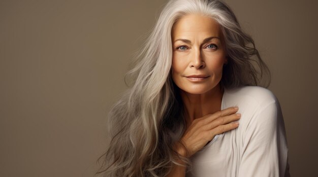 Elegant lächelnde ältere schicke Frau mit grauen langen Haaren und perfekter Haut auf cremigem beige Hintergrund