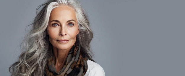 Elegant lächelnde ältere schicke Frau mit grauen langen Haaren und perfekter Haut auf grauem Hintergrund Banner