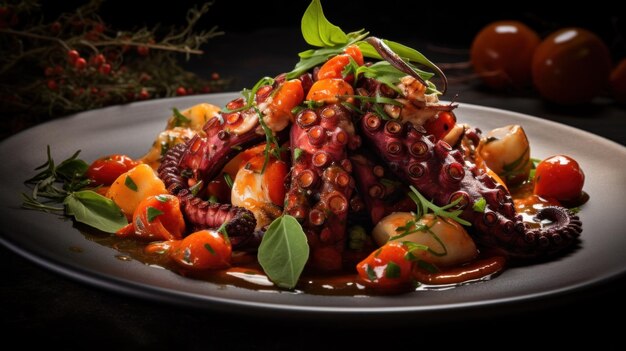 Elegant Octopus Salat auf einem dunklen Holztisch