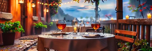 Elegant Outdoor Dinner Table Setting mit romantischem Sonnenuntergang Hintergrund Luxus Glaswaren und Sommerferien Vibe