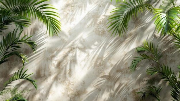 Elegant Palmblatt Schatten auf einer weichen weißen beige Wand minimalistische Produkt Anzeige Hintergrund breites Banner mit großzügigem Kopierraum AI Generative