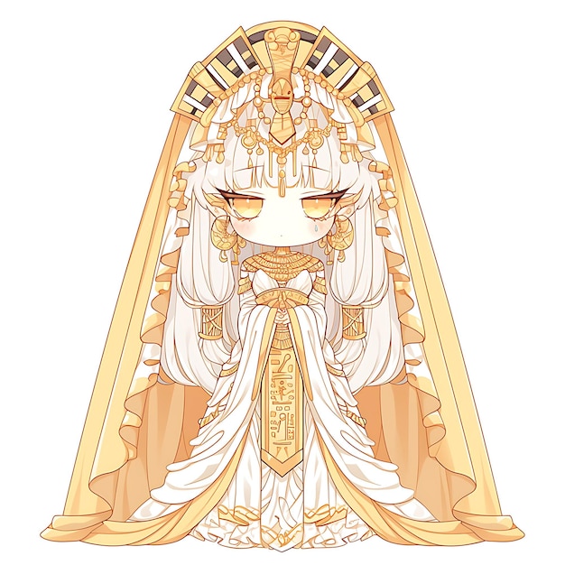 Elegant Pharaoh in gold-weißem Hochzeitskleid mit ägyptischem Aufkleber isoliert Cute Kawaii Anime Art
