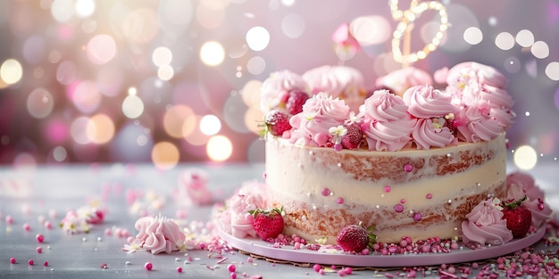 Foto elegant pink cake decorated with roses and strawberries on a twinkling light background