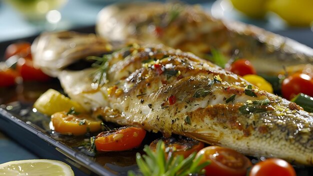 Elegant Plating para peixe Dorado assado com molho de limão e legumes rústicos Conceito Presentação de alimentos Prato de frutos do mar Receitas com infusão de limão Pratos de legumes Almofadas elegantes