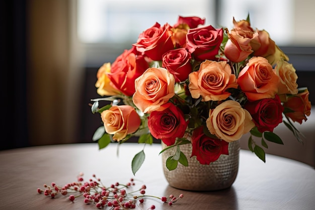 Elegant präsentiert Ein atemberaubender Rosenstrauß schmückt den Tisch