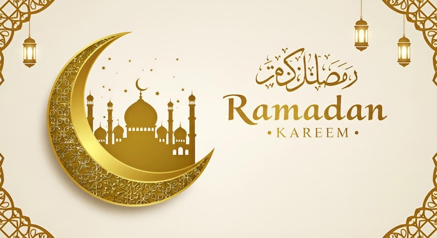 Elegant Ramadan Kareem Begrüßung mit Goldenem Halbmond Mond islamische Kalligraphie Moschee Silhouette