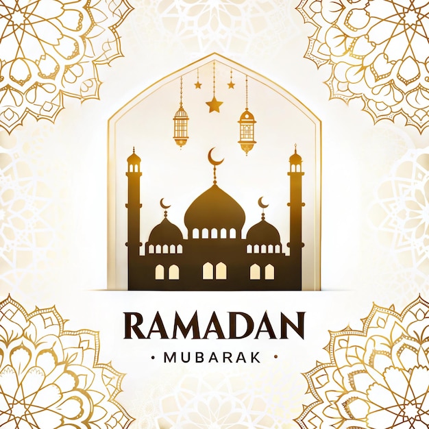 Elegant Ramadan Kareem Begrüßung mit Goldenem Halbmond Mond und Laternen
