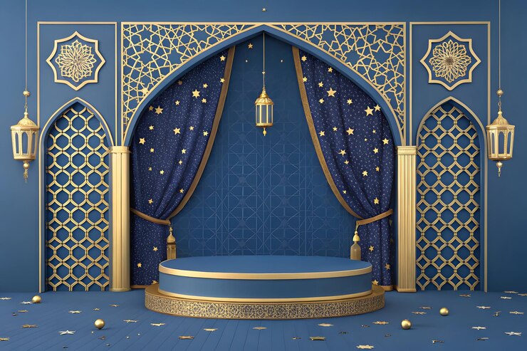 Elegant ramadan stage with gold and blue decor