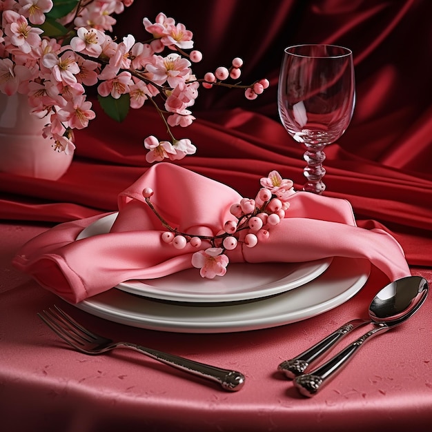 elegant Tisch für das romantische Abendessen mit einer hellrosa Tischdecke generiert ai