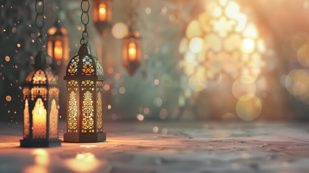 Foto elegant traditional lanterns glowing on a festive background with bokeh lights ideal for ramadan