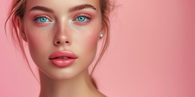 Elegant und wunderschönes Porträt mit einem strahlend rosa Make-up auf der Haut.