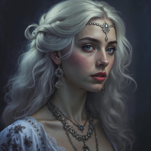 Elegant Woman with Silver Hair and Regal Jewelry