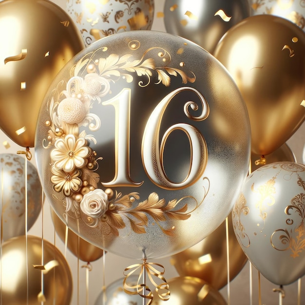 Elegante 16. Geburtstagsballons mit goldenen Konfetti