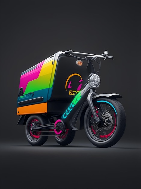 Foto elegante 3d scooter arte colores de neón en un elegante fondo negro