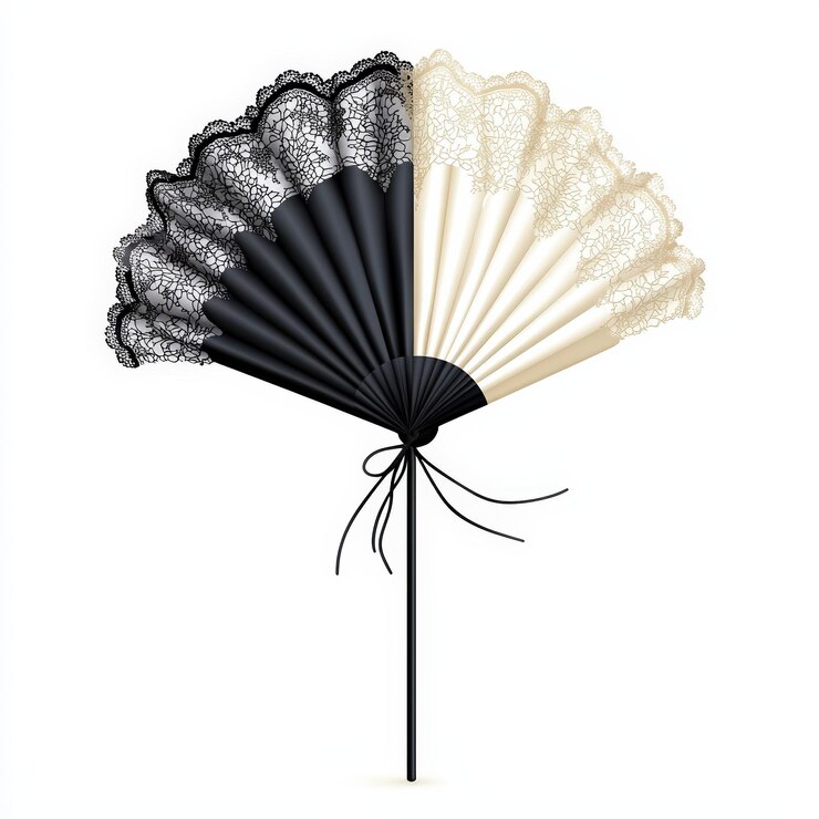 Elegante abanico de encaje con colores contrastantes en blanco y negro perfecto para eventos o decoraciones con temas vintage