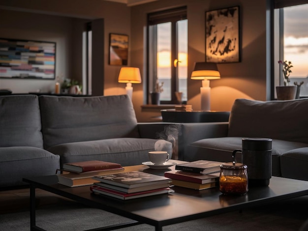 elegante y acogedora sala de estar moderna con sofás lila y gris