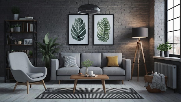 elegante y acogedora sala de estar moderna con sofás lila y gris