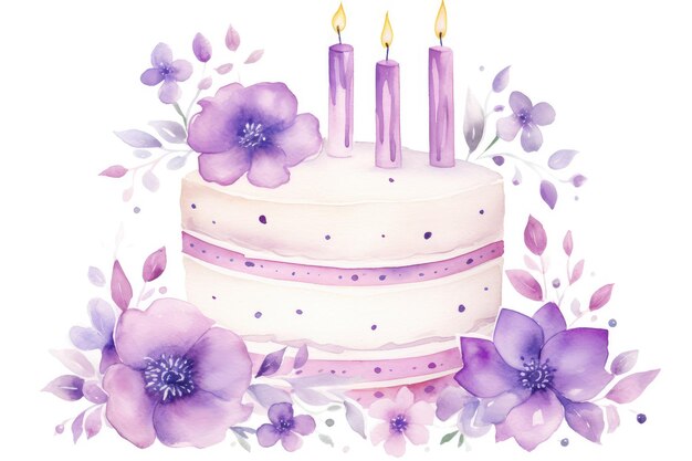 Foto elegante acuarela floral pastel de cumpleaños con velas