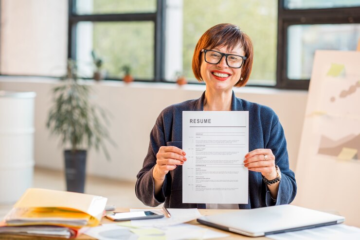 Foto elegante ältere frau, die ein lebenslaufdokument im modernen büro hält