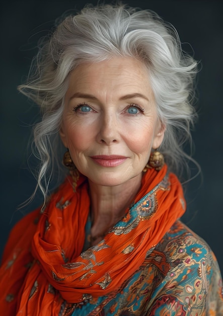 Elegante ältere Frau in einem lebendigen orangefarbenen Schal zeitlose Schönheit und Anmut Darstellung von Selbstvertrauen und Weisheit KI