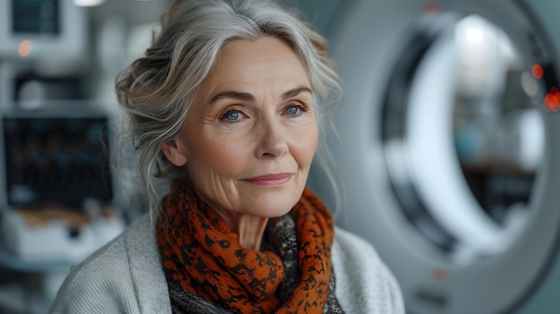 Elegante ältere Frau in einem medizinischen Umfeld mit MRT-Gerät im Hintergrund, ausgeglichenes und ruhiges Porträt-KI