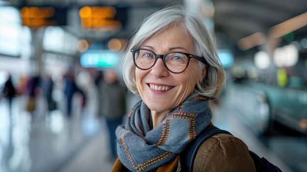 Foto elegante ältere frau lächelt mit brille und schal