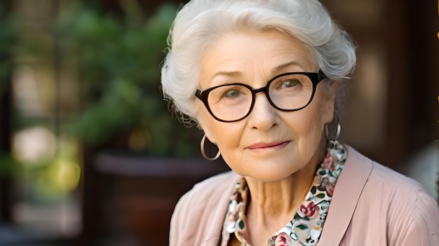 Elegante ältere Frau mit Brille, die sanft in einer sonnenbeschienenen Umgebung im Freien lächelt