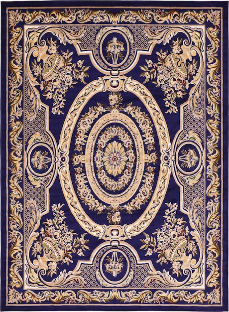 Elegante alfombra azul y dorada