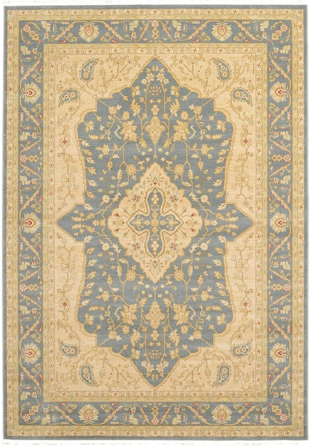 Elegante alfombra floral azul y beige