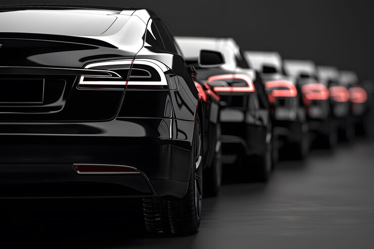 Una elegante alineación de coches de lujo negros en un entorno con poca luz