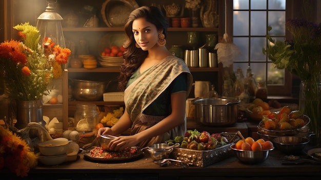 Elegante ama de casa india del sur de Asia en cocina limpia gracia doméstica y maestría culinaria