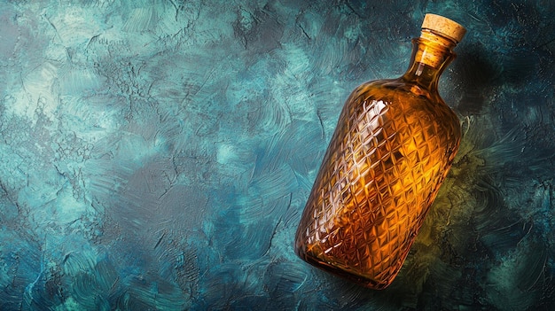 Elegante Amber-Glasflasche auf textiertem blauen Hintergrund