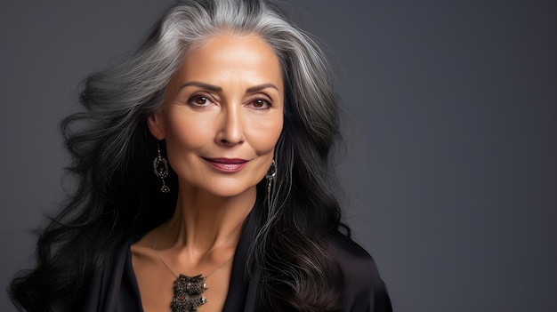 Elegante anciana chic latina España mujer con cabello gris largo y piel perfecta fondo plateado banne