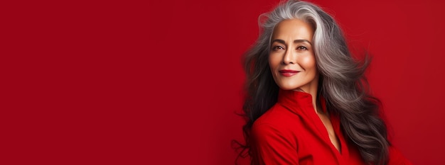 Foto elegante anciana chic latina mujer española con cabello gris largo y piel perfecta en un fondo rojo prohibición