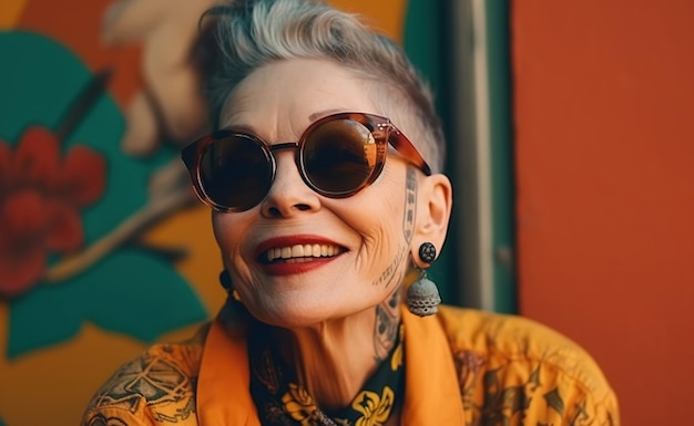 Elegante anciana feliz en tatuajes con gafas de sol sonríe sobre un fondo brillante AI generativa