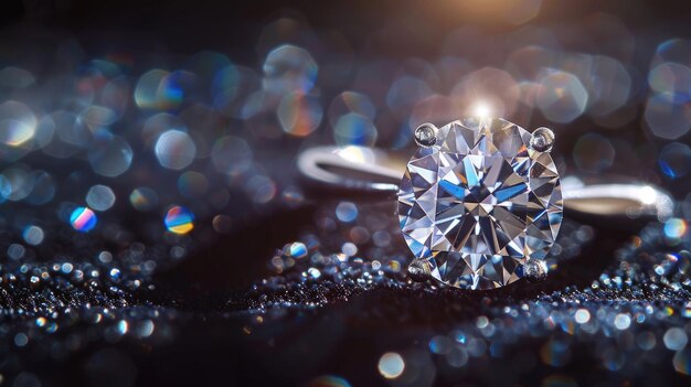 Foto elegante anel de noivado de diamante em superfície reflexiva escura