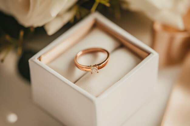 Elegante anillo de compromiso en una caja de lujo