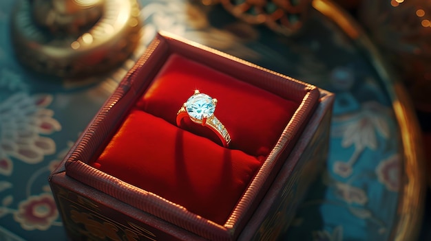 Elegante anillo de diamante en caja de terciopelo rojo para ocasiones románticas lujo propuesta de compromiso concepto joyería fotografía de primer plano con estilo vintage IA