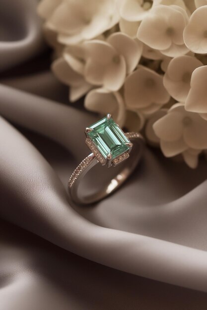Elegante anillo con piedra esmeralda en el centro y acentos de diamantes rodeados de flores blancas