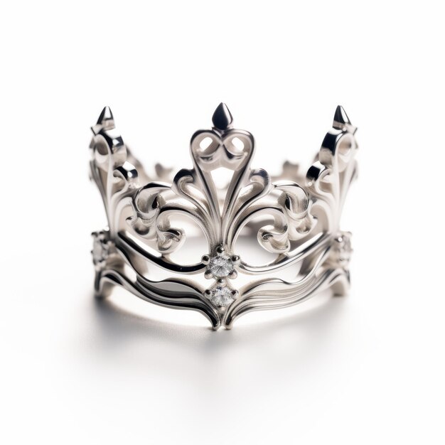 Elegante anillo de plata inspirado en la corona en fondo blanco fotografía del producto