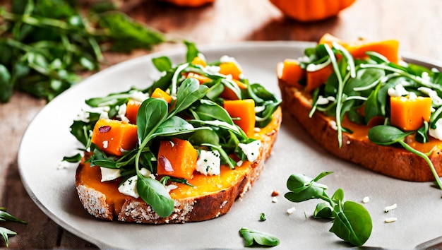 Elegante aperitivo queso de calabaza asado y bruscheta con rúcula