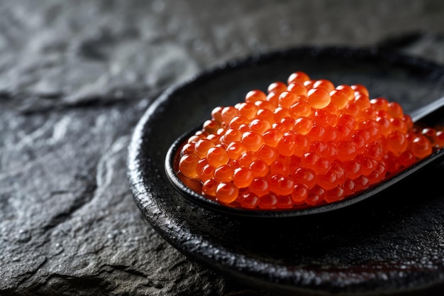 Foto elegante apresentação de caviar vermelho em um prato preto acompanhado de uma colher preta em uma mesa de pedra