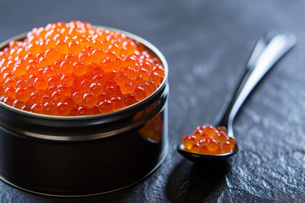 Elegante apresentação de saboroso caviar de salmão vermelho em uma lata preta completa com colher