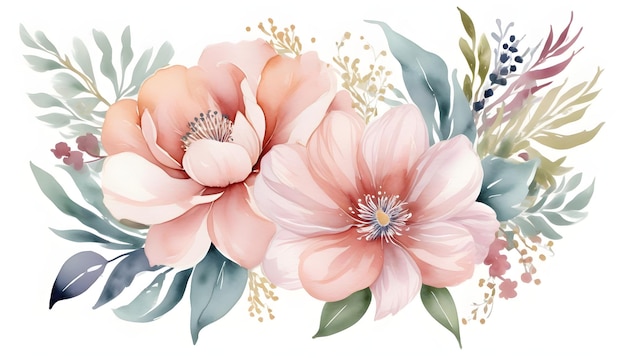 Elegante aquarela floral balde de flores ilustração desenhada à mão em fundo branco