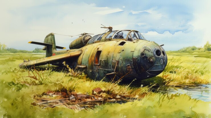 Foto elegante aquarela stilllife submarino caiu em campo de grama