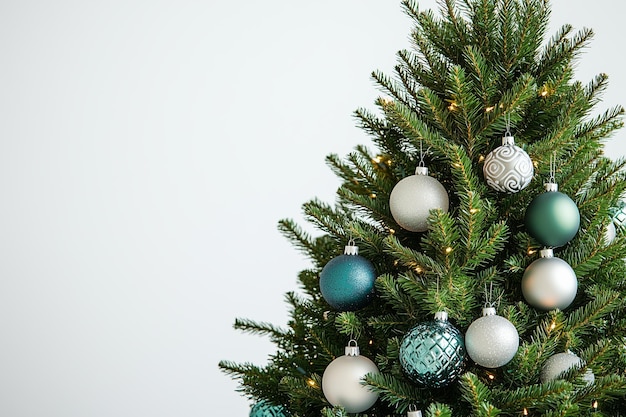 Elegante árbol de Navidad adornado con bolas de metal y vidrio contra un suave fondo blanco