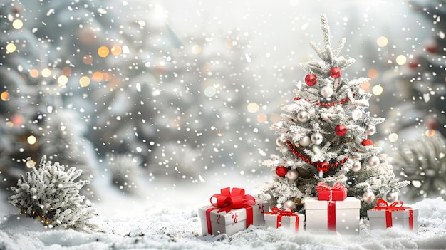 Elegante árbol de Navidad con regalos rojos y plateados