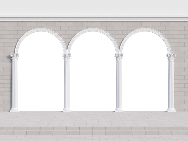 Elegante arco blanco con columna de estilo corintio decorado en una pared de ladrillo gris aislada sobre fondo blanco con trazado de recorte 3d render